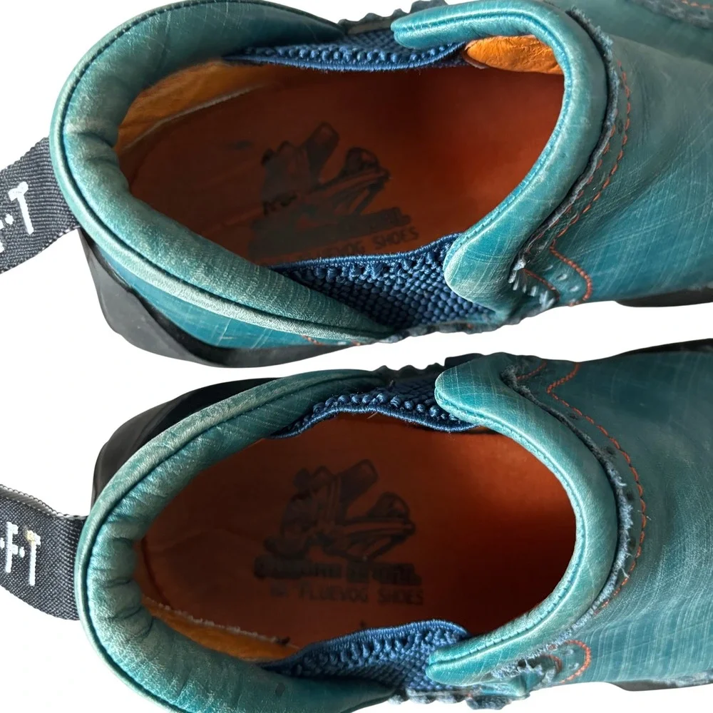 John Fluevog Future Angel Slip-on Wingtip Brogue Shoes Sz 7 Teal Leather